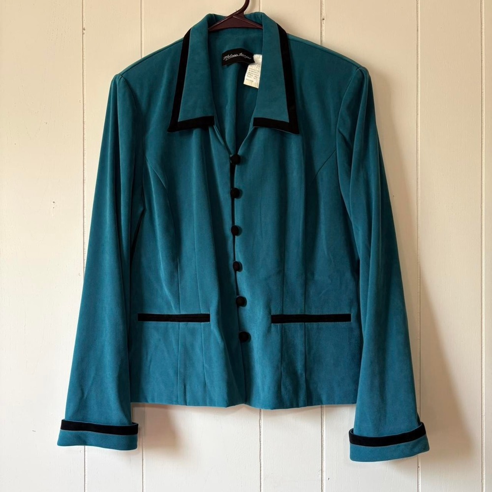 Vintage Melissa Harper Teal Blazer Black Velvet Trim Women's Size 10 90s Jacket